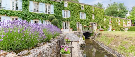 A building with ivy-covered walls, a canal, and a bridge.