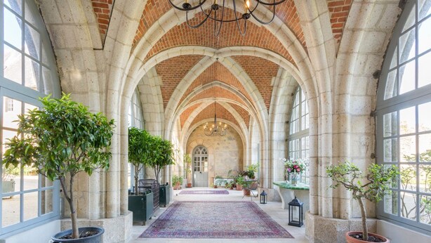 A corridor with arched ceilings, potted plants, and a patterned rug.