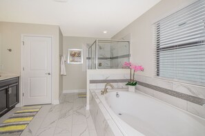 Combined shower/tub, jetted tub, hair dryer, towels