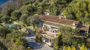 Una villa con techo de tejas, piscina y jardín con diversas plantas y árboles.