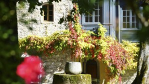 Un bâtiment en pierre dont les murs sont recouverts de lierre et qui possède un banc en pierre.