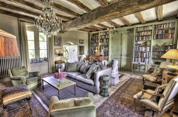 Fireplace, DVD player, books