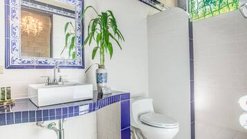 A bathroom with a white sink, blue-tiled countertop, a mirror with a blue frame, a potted plant, and a toilet.
