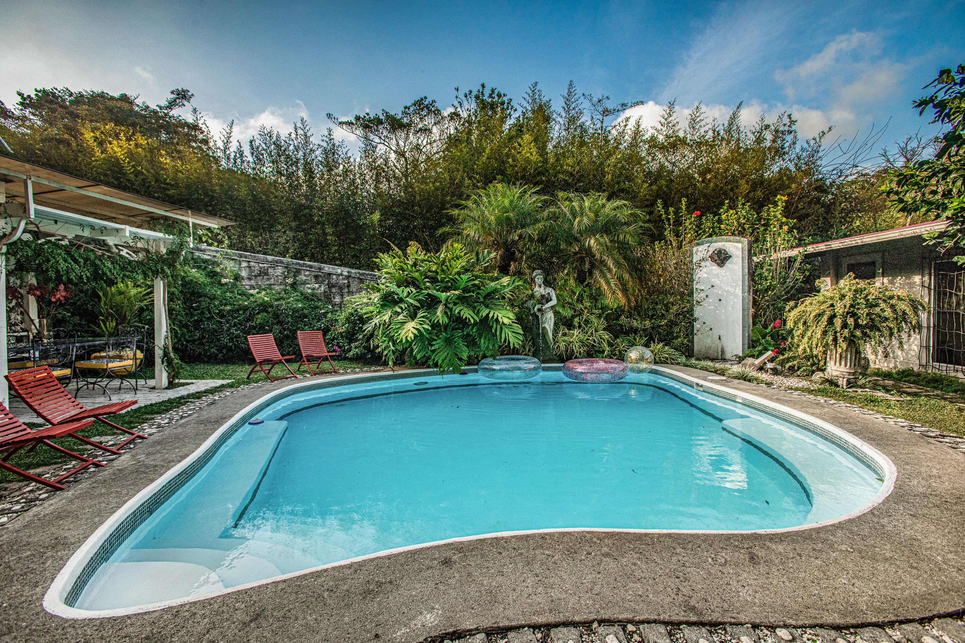 A swimming pool with red lounge chairs, surrounded by lush greenery and a stone wall.