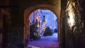 Un passage voûté en pierre mène à une cour intérieure, où l’on trouve un chemin pavé de pierres et, au fond, un bâtiment en pierre.