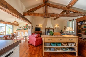 Smart TV, fireplace, DVD player, books