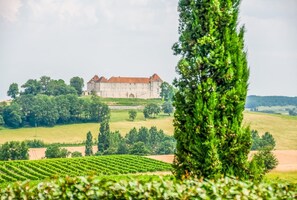 A large building with a red roof, surrounded by green fields and trees.