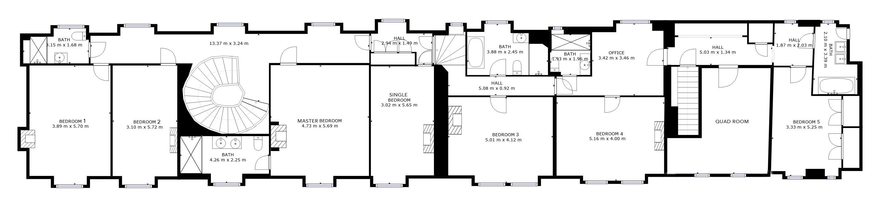 A floor plan of a hotel with multiple bedrooms, bathrooms, a kitchen, and a living area.