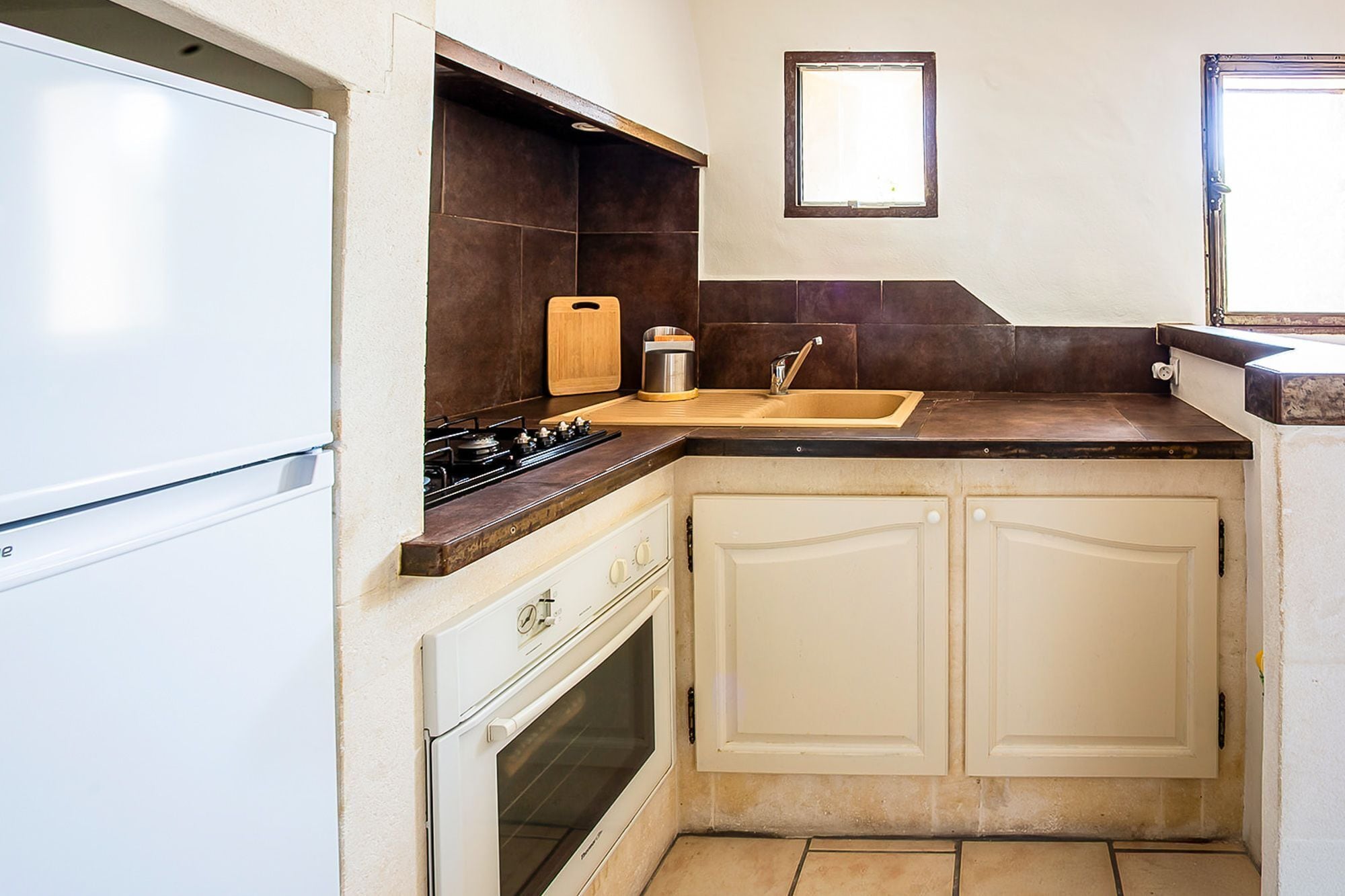 Fridge, microwave, dining table