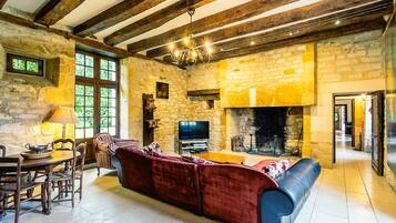 Cheminée, lecteur de DVD, table de tennis de table