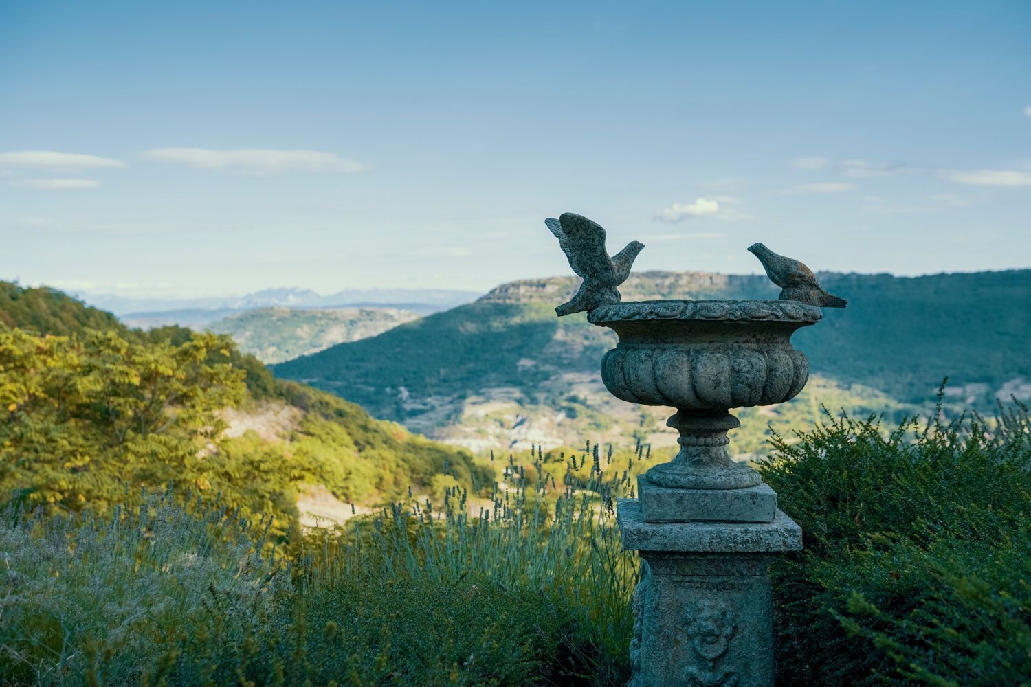 A stone urn with two birds perched on top, set against a mountainous landscape.
