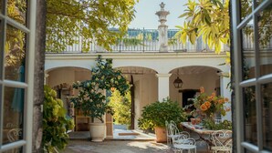 Un patio al aire libre con suelo de piedra, sillas de metal blanco y macetas con plantas.