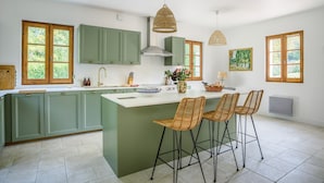 Une cuisine spacieuse avec des meubles de couleur verte, un grand îlot central doté de tabourets, et de grandes fenêtres offrant une vue sur la verdure.