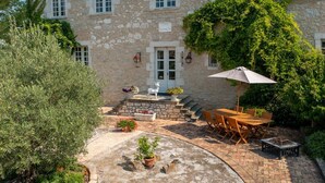 Ein Steinhaus mit einer Terrassenfläche, die einen Tisch, Stühle, eine Feuerstelle und Kübelpflanzen zeigt.