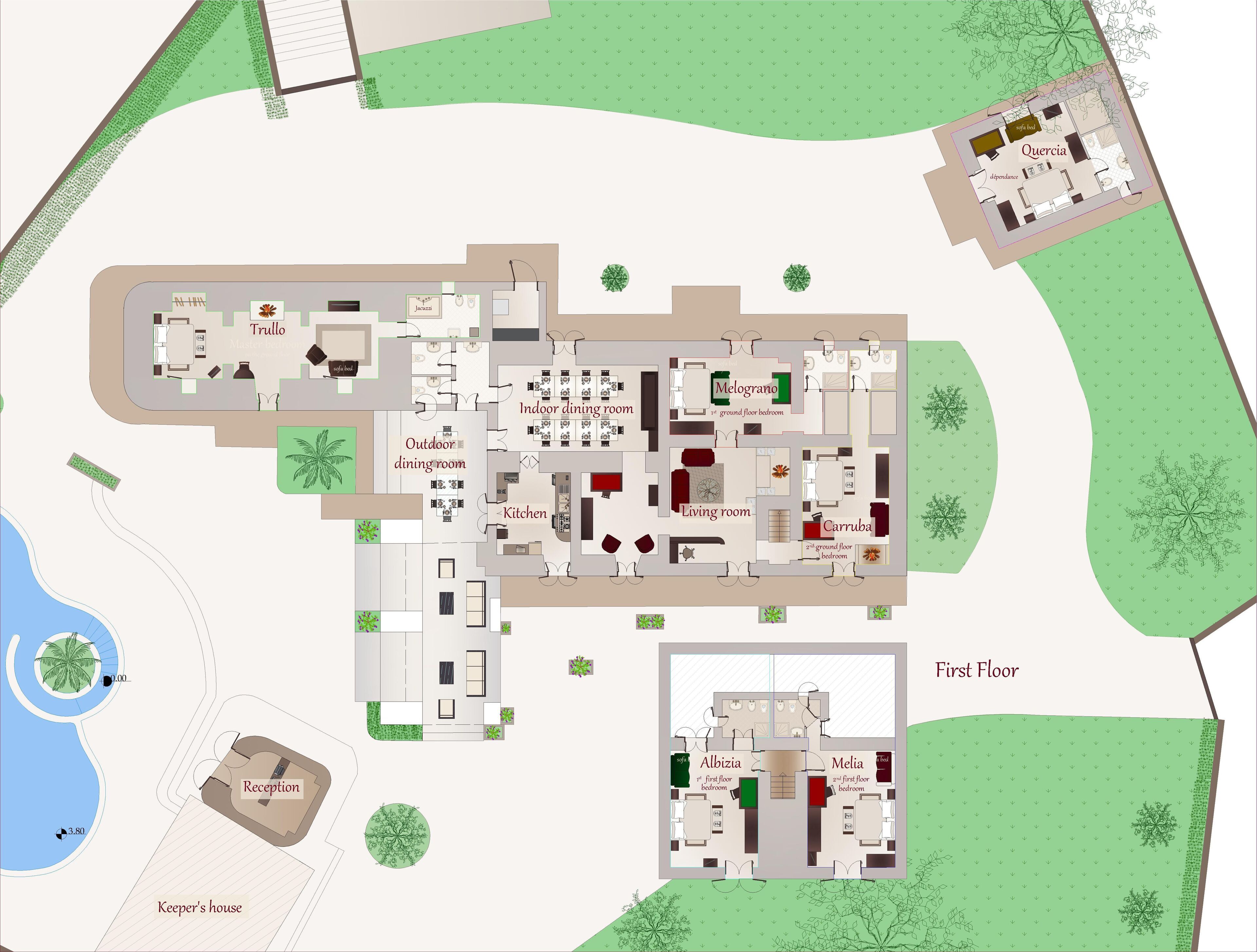 A hotel layout with a reception, kitchen, dining areas, bedrooms, and a pool.