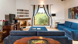 A living room with a fireplace, blue sofa, and a view of greenery outside. - Gia Costa - Eight Bedroom Villa, Sleeps 16 (Buseto Palizzolo)