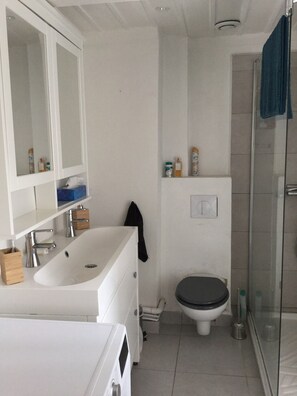 Douche, sèche-cheveux, serviettes fournies, savon