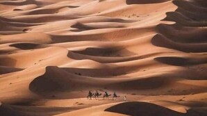 A desert landscape with undulating sand dunes and a group of people riding camels. - Fabulous Desert Camp (Merzouga)