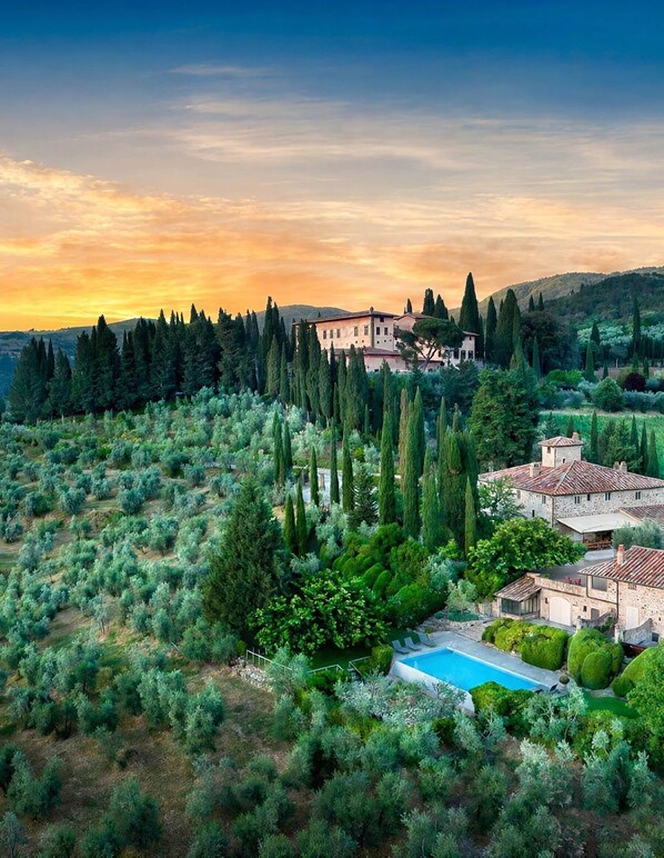 A villa with a swimming pool surrounded by lush greenery and cypress trees.