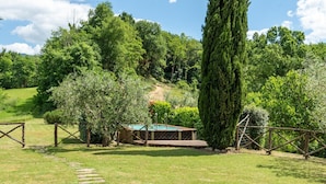Uma área de piscina rodeada por vegetação exuberante e um deck de madeira.