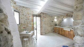 Un intérieur rustique en pierre, avec un comptoir en bois et un grand évier.
