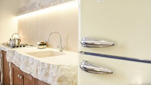 A kitchen with a white countertop, a sink, and a vintage Electrolux refrigerator.