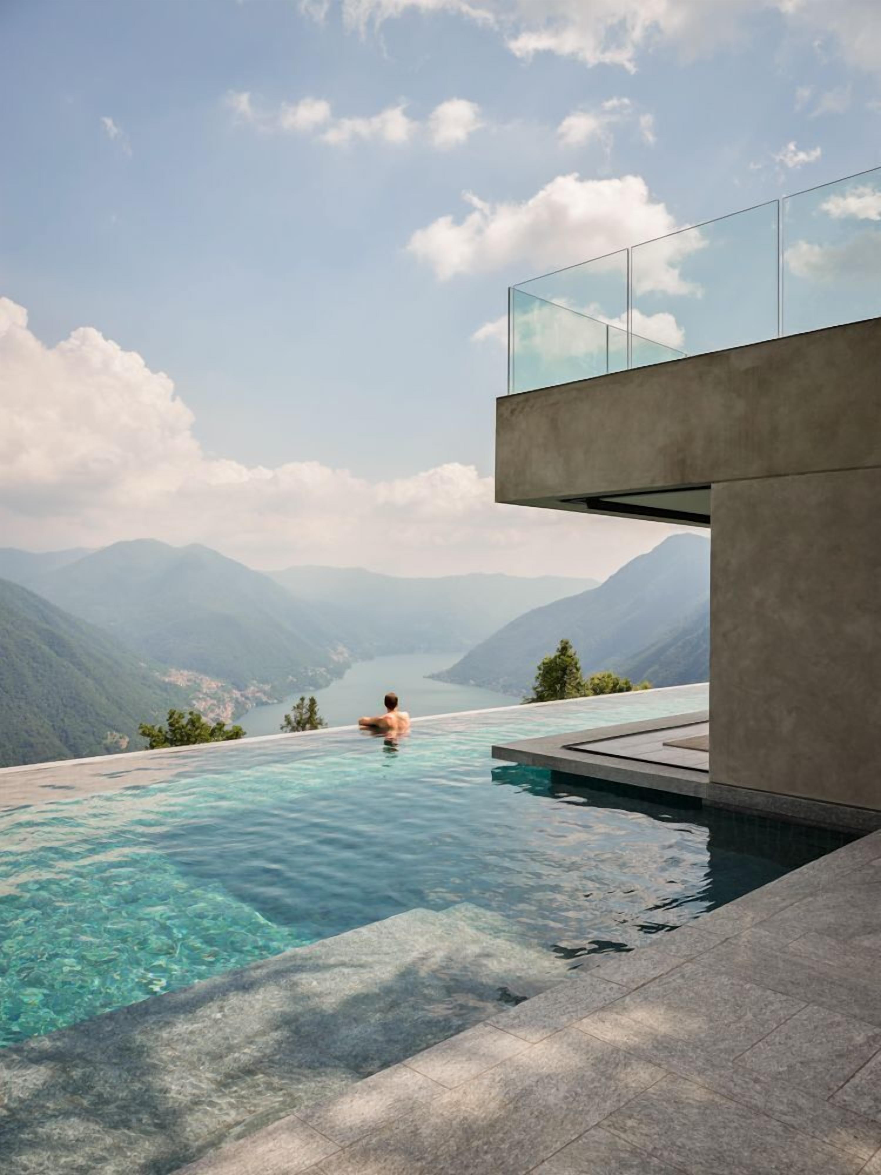 Een infinitypool, een verwarmd zwembad en ligstoelen