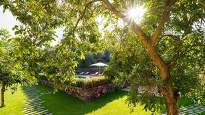 Een verzorgde tuin met een stenen muur, gazon en een pergola.