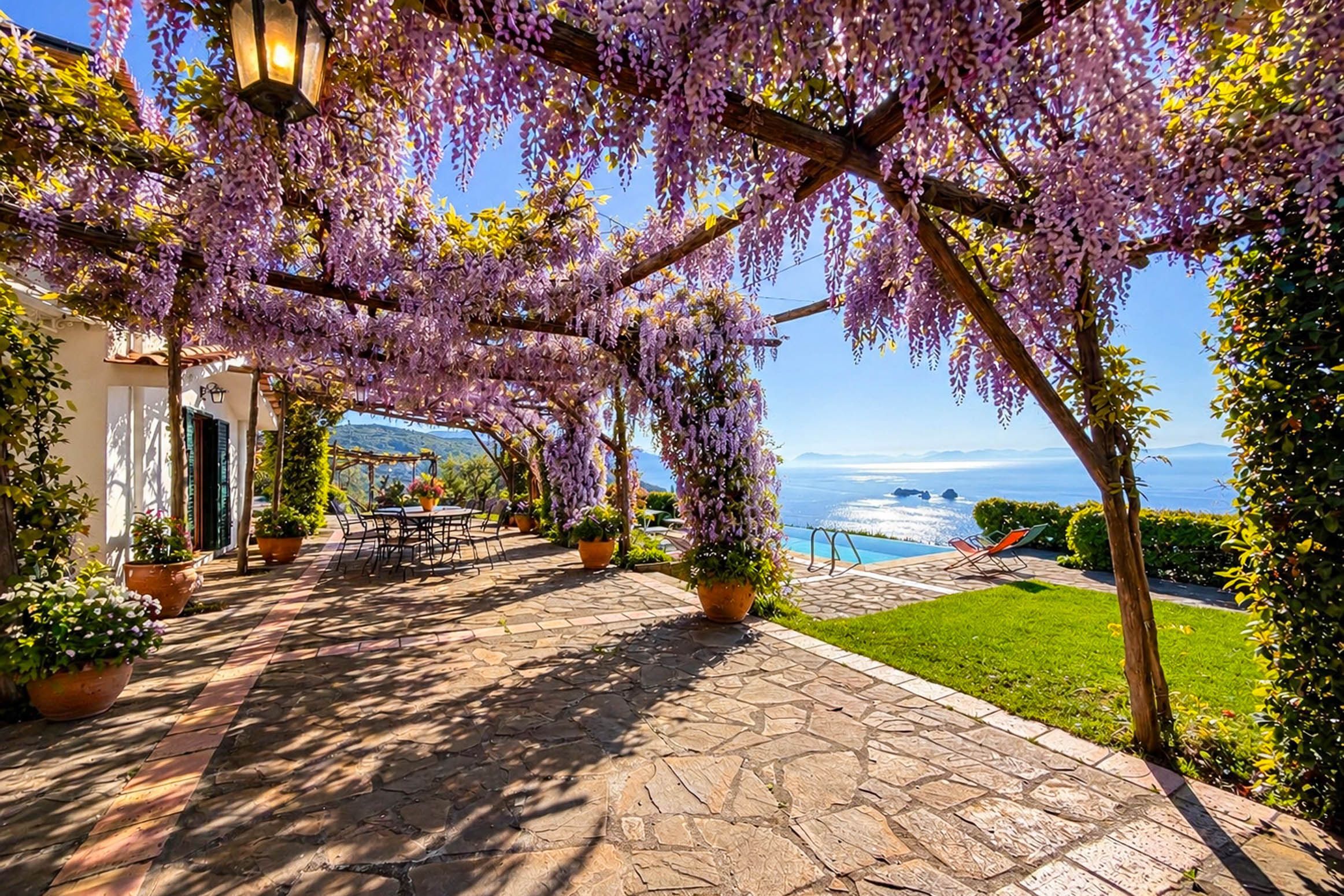 Ein überdachter Außenbereich mit einem gepflasterten Weg zu einer Sitzgruppe, umgeben von blühenden, violetten Pflanzen und Blick auf das Meer.
