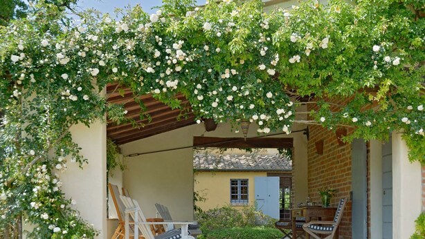 Een overdekt terras met een rustieke houten pergola, witte lounge stoelen en een bakstenen muur.