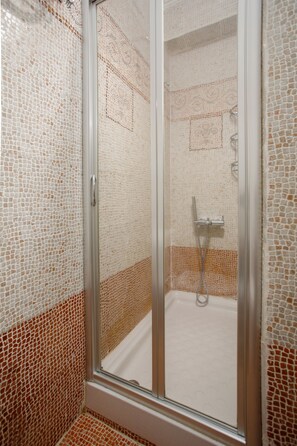 Combined shower/tub, hair dryer, towels, toilet paper