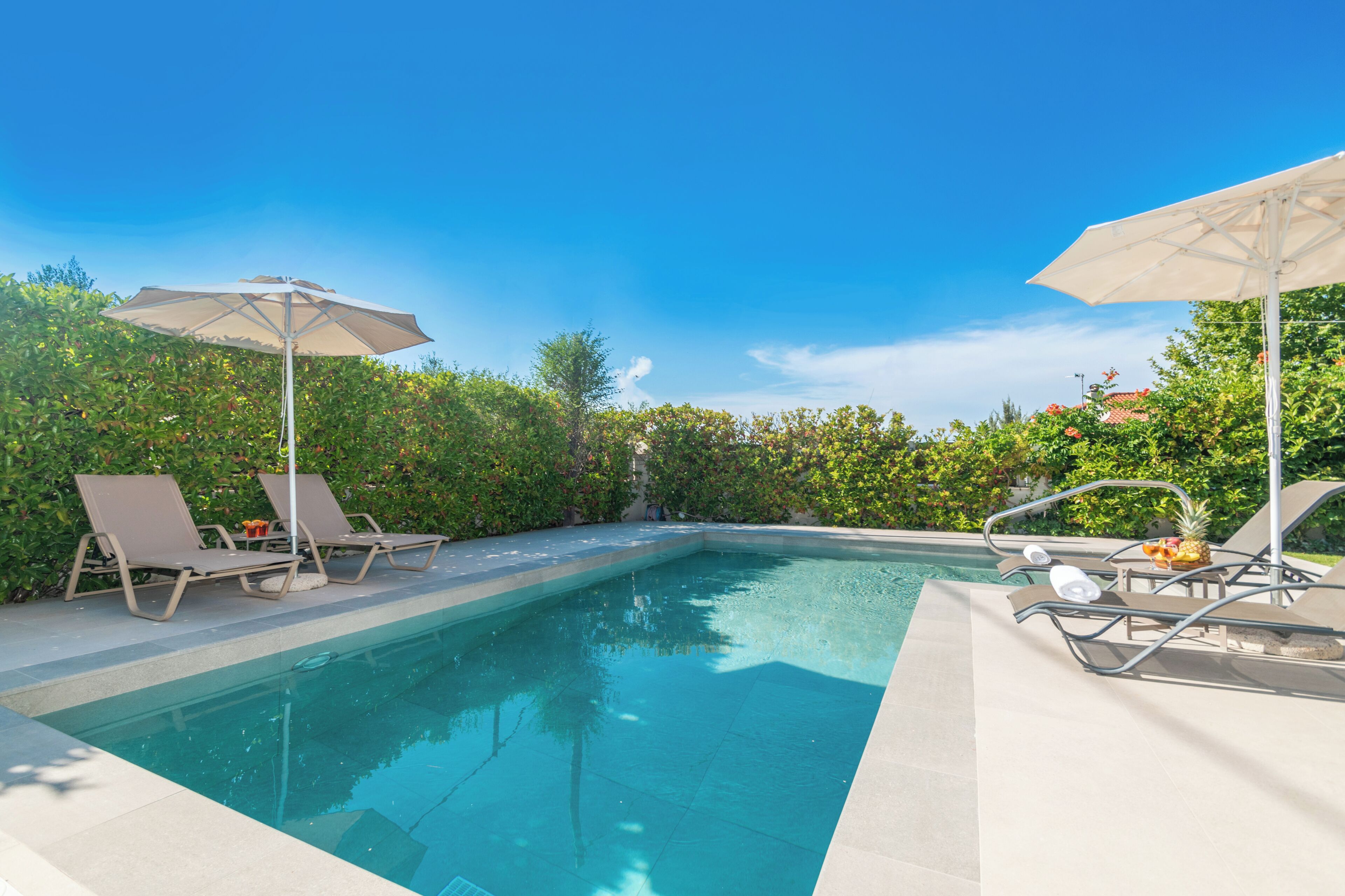 A swimming pool with lounge chairs and umbrellas, surrounded by greenery.