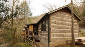 A rustic cabin with a wooden exterior, a porch, and a small staircase leading to the entrance. - Gone Fishing: Secluded Cabin in Woods Overlooking Beautiful Mountain Stream (Gatlinburg)