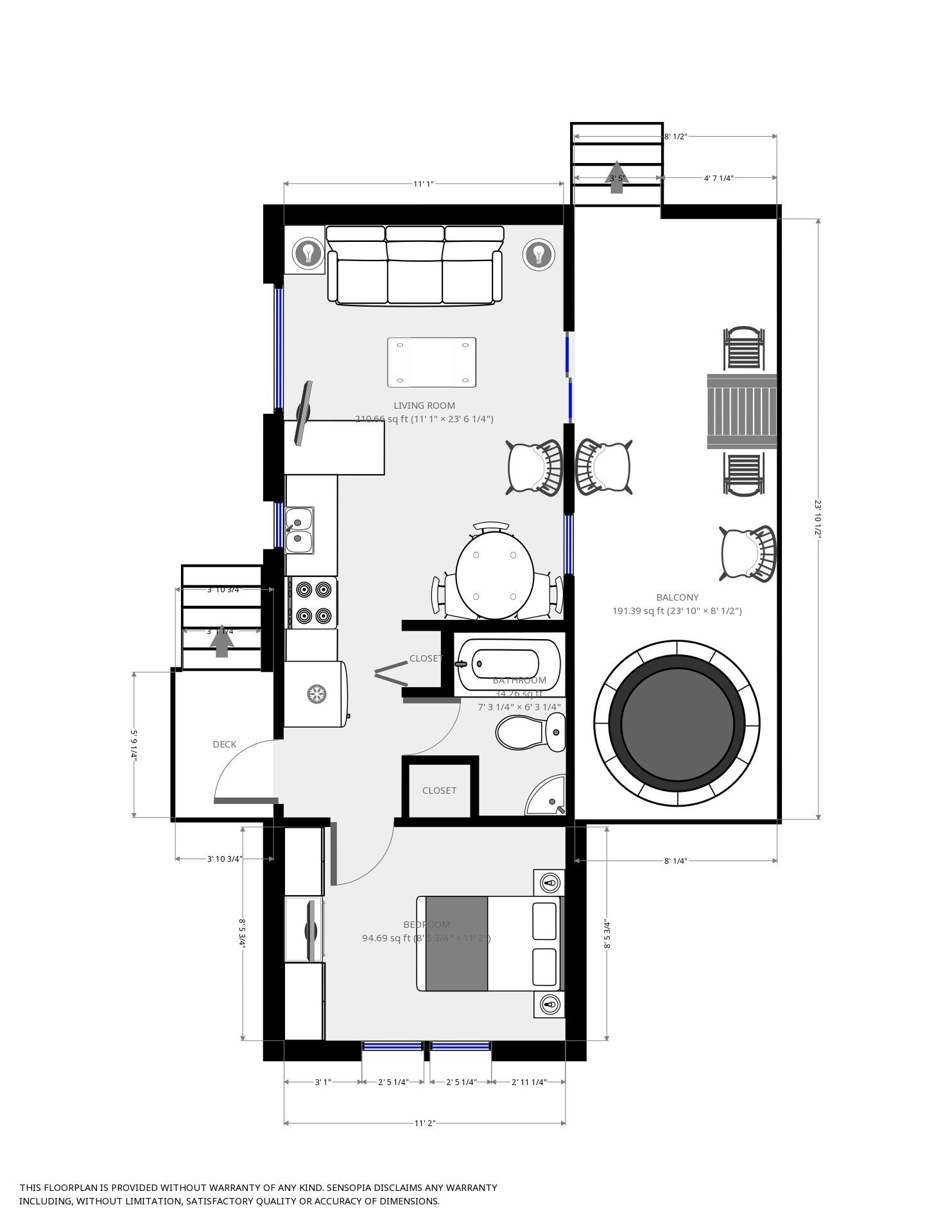 A floor plan of a house with a living room, balcony, deck, bedroom, bathroom, and closet.
