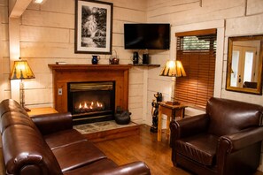 A cozy living room with a fireplace, leather sofas, a television, and decorative items.