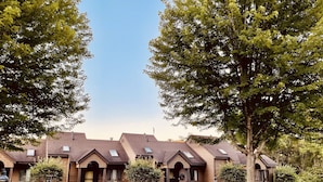 A row of two-story houses with pitched roofs, surrounded by well-maintained lawns and trees. - Charming, Farmhouse Chic, Cozy|Fireplace|12 Min to Town|Beautiful View (Galena)