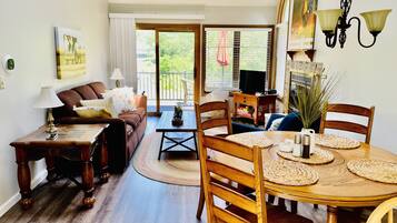 Télévision, cheminée, lecteur de DVD, livres