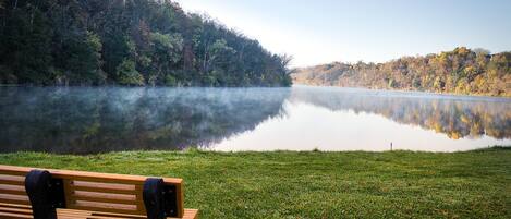 A bench by a calm lake with a forested hillside in the background.
