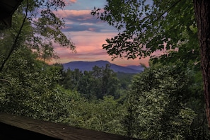 A forested landscape with a view of distant mountains and a wooden structure in the foreground.