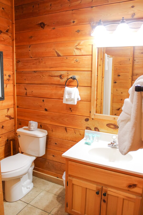 Baño de cabaña de madera con inodoro, lavabo y espejo.