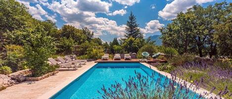 A rectangular swimming pool with a wooden deck and lounge chairs, surrounded by lush greenery and lavender plants.