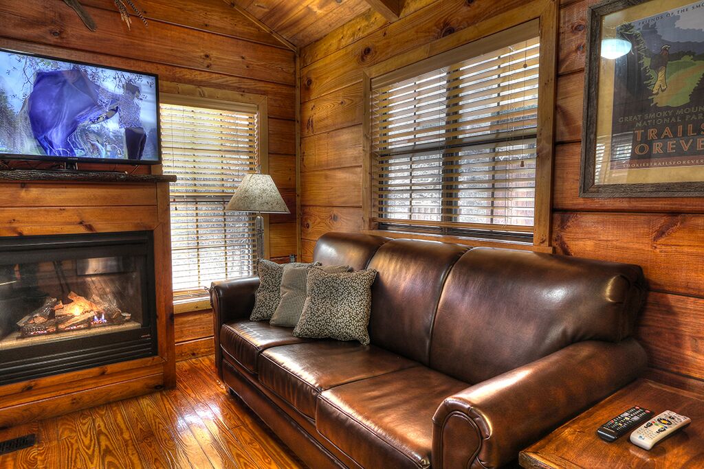 Een houten cabin interieur met een leren bank, een open haard, een televisie en een ingelijst poster aan de muur.