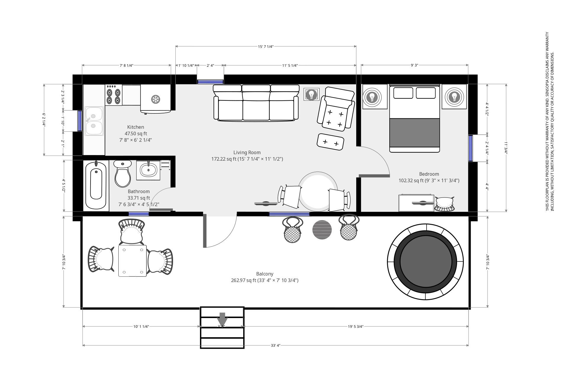 A floor plan of a house with a kitchen, living room, bathroom, bedroom, and balcony.
