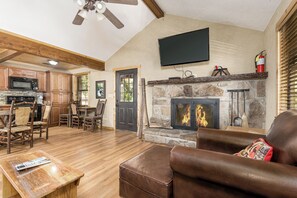 Flat-screen TV, fireplace, DVD player