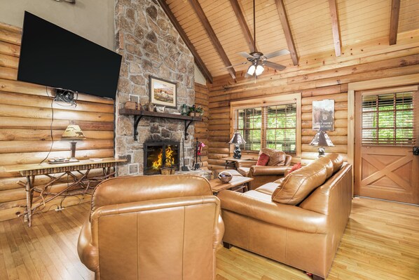 Flat-screen TV, fireplace