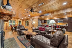 TV, fireplace - Rippling Waters: Large Lodge Overlooking River with Beautiful View (Sevierville)