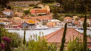 Un village côtier aux bâtiments aux couleurs vives, doté d’un port de plaisance et de bateaux.