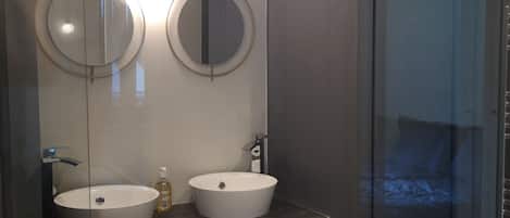 Ensemble baignoire-douche, séchoir à cheveux, serviettes fournies