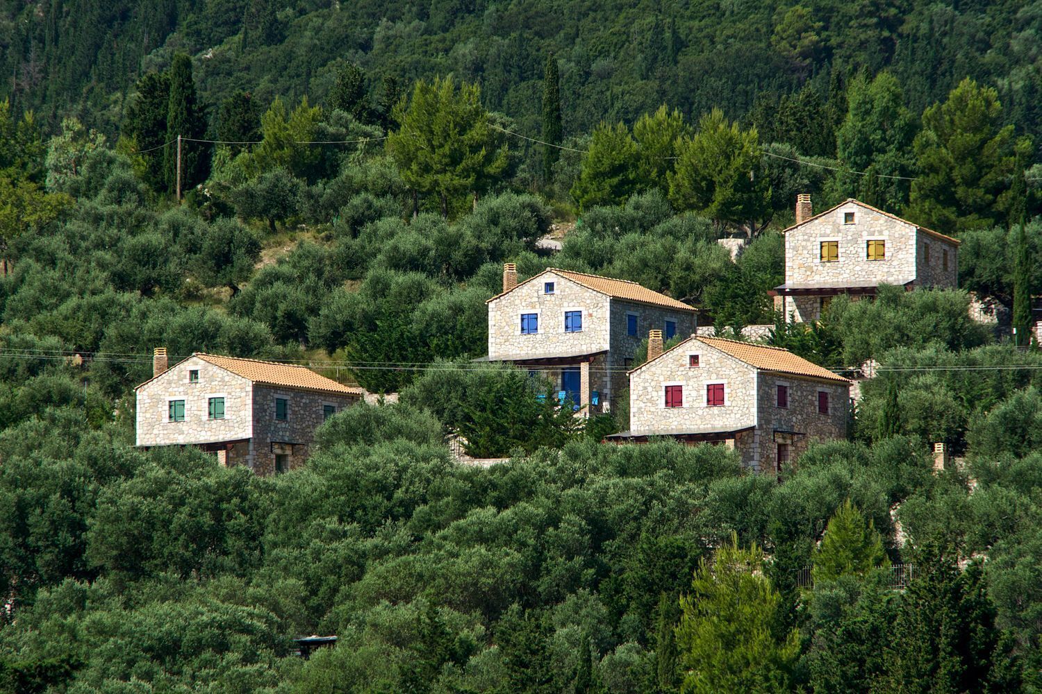 Um conjunto de casas de pedra com telhados de cerâmica, rodeado por vegetação densa e árvores.