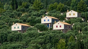 A cluster of stone houses with tiled roofs, surrounded by dense greenery and trees.